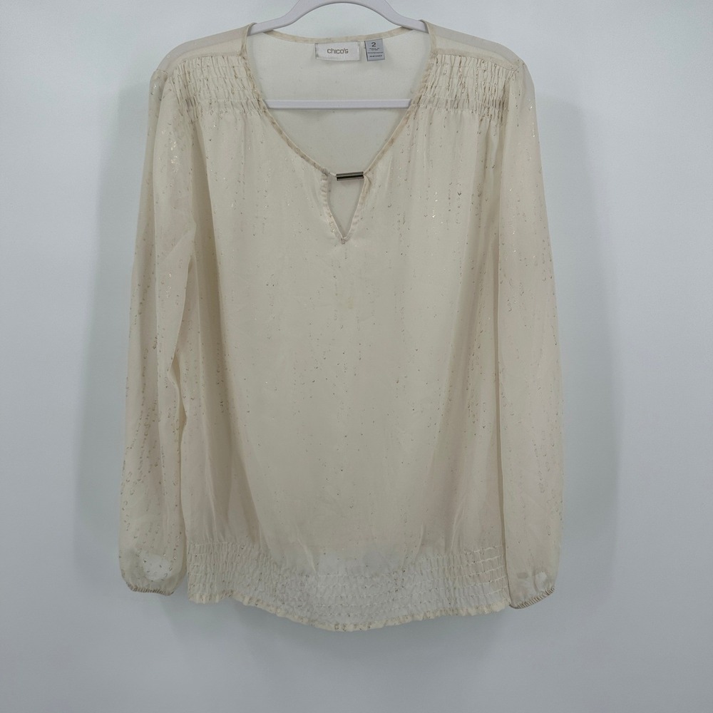 Chicos Womens Elegant Boho Top Size 2 US L Sheer Metallic Shimmer Evening Chic